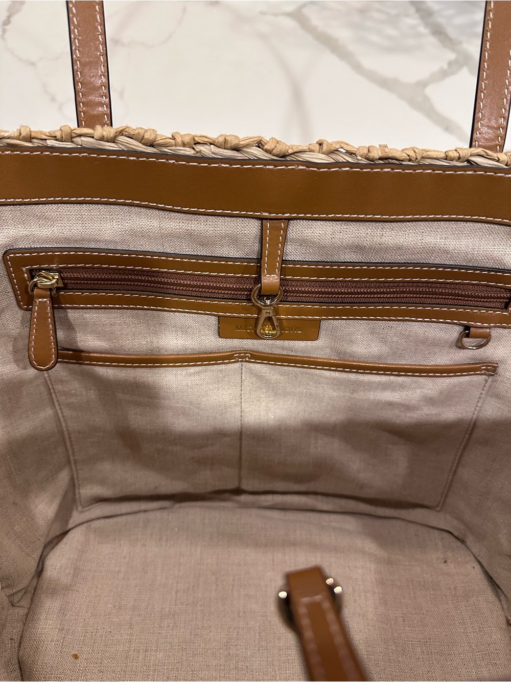 Michael Kors Straw Tote with Teal & Green Leaf Embroidery - Picture 6 of 7